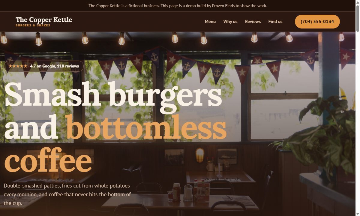 Screenshot of The Copper Kettle demo website: a warm diner homepage with the headline Smash burgers and bottomless coffee, a 4.7 rating badge, and a banner disclosing it is a fictional demo business
